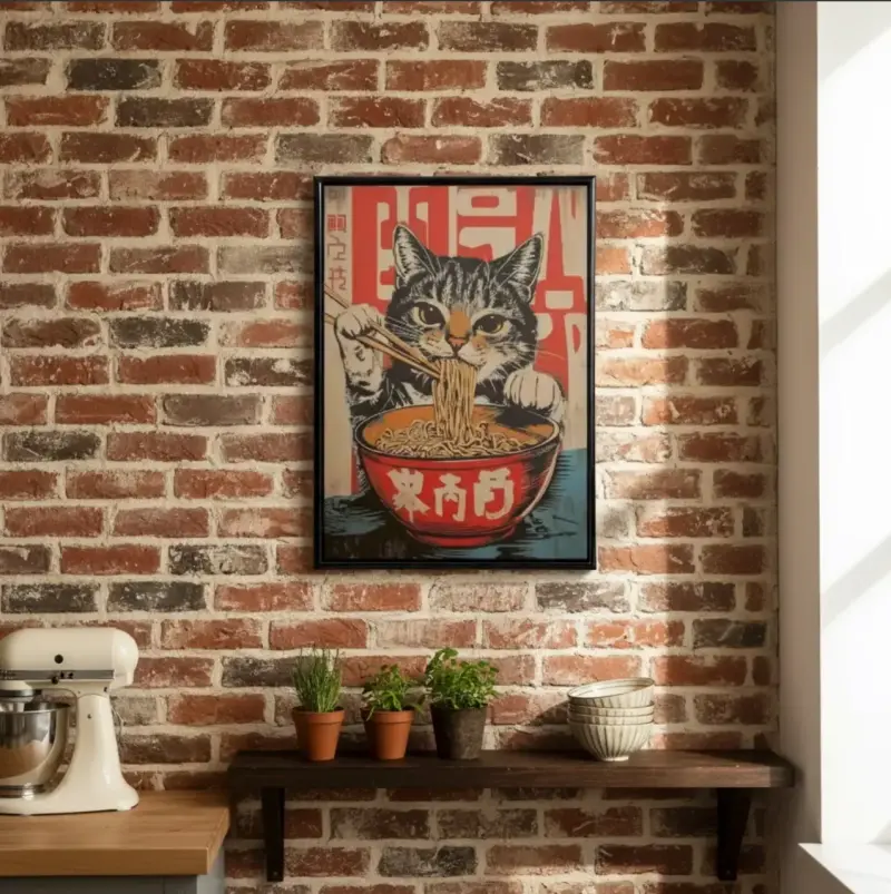 Lindo Cuadro Decorativo Gato Comiendo Ramen 42X62 - 3