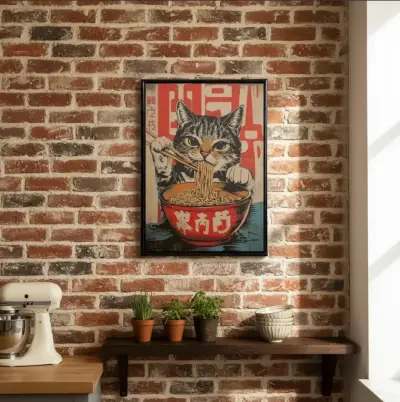 Lindo Cuadro Decorativo Gato Comiendo Ramen 42X62 - miniatura 3