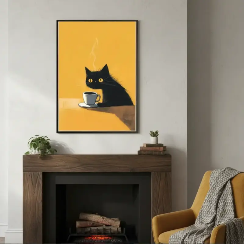 Cuadro Decorativo Gato Negro Tomando Café 42 X 62 - 1