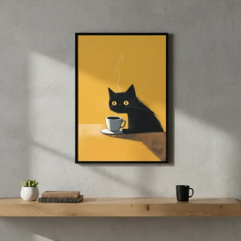 Cuadro Decorativo Gato Negro Tomando Café 42 X 62 - 2