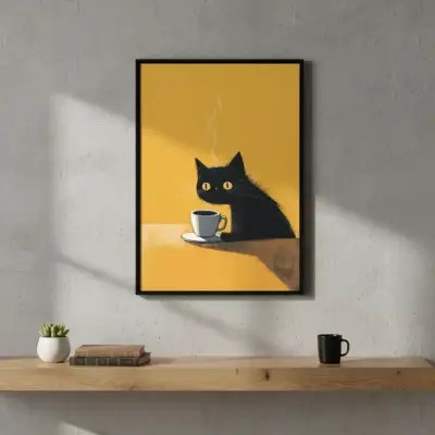 Cuadro Decorativo Gato Negro Tomando Café 42 X 62 - miniatura 2