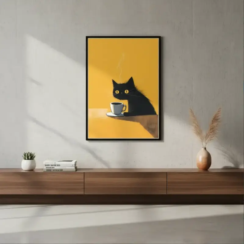 Cuadro Decorativo Gato Negro Tomando Café 42 X 62 - 3