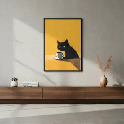Cuadro Decorativo Gato Negro Tomando Café 42 X 62 - miniatura 3