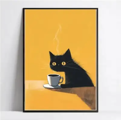 Cuadro Decorativo Gato Negro Tomando Café 42 X 62 - miniatura 4