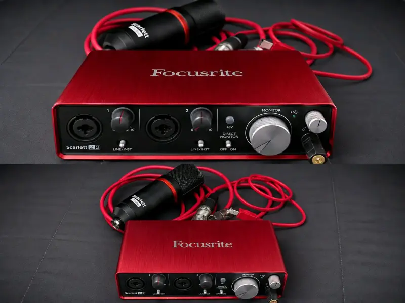 Interfaz de audio Focusrite Scarlett 2i2 con micrófono