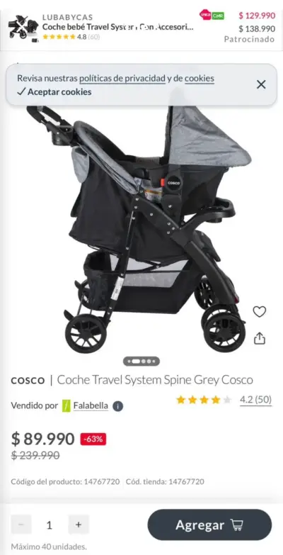 Coche de bebé Cosco gris con capota - miniatura 2