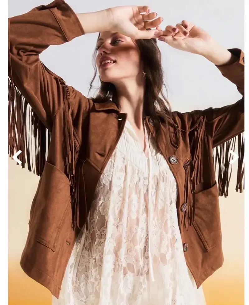 Chaqueta de flecos marrón estilo boho - 1