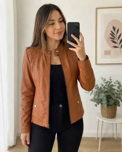 Chaqueta de cuero sintético marrón para mujer - miniatura 1