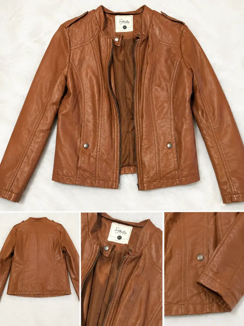 Chaqueta de cuero sintético marrón para mujer - 2