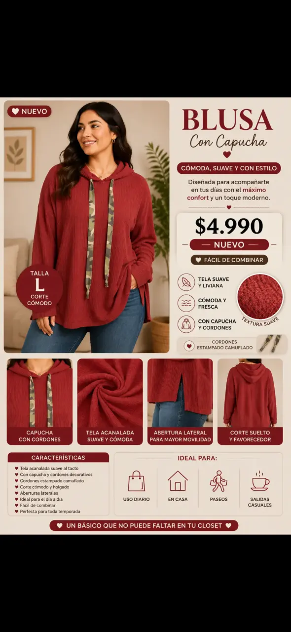 Blusa roja con capucha y cordones