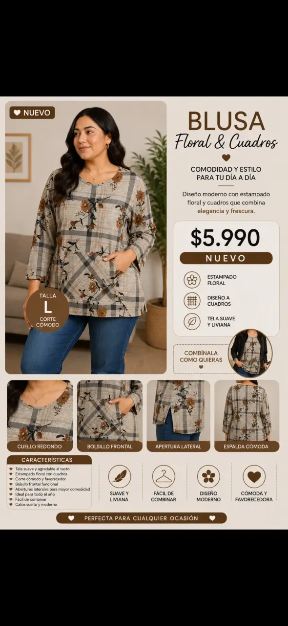Blusa floral y cuadros talla L
