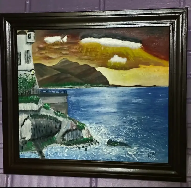 Cuadro pintado a mano paisaje costero