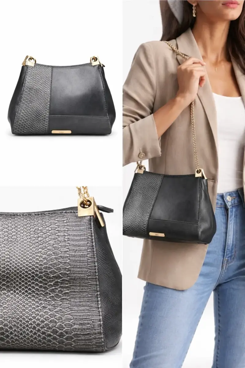 Cartera negra con cadena dorada elegante - 3