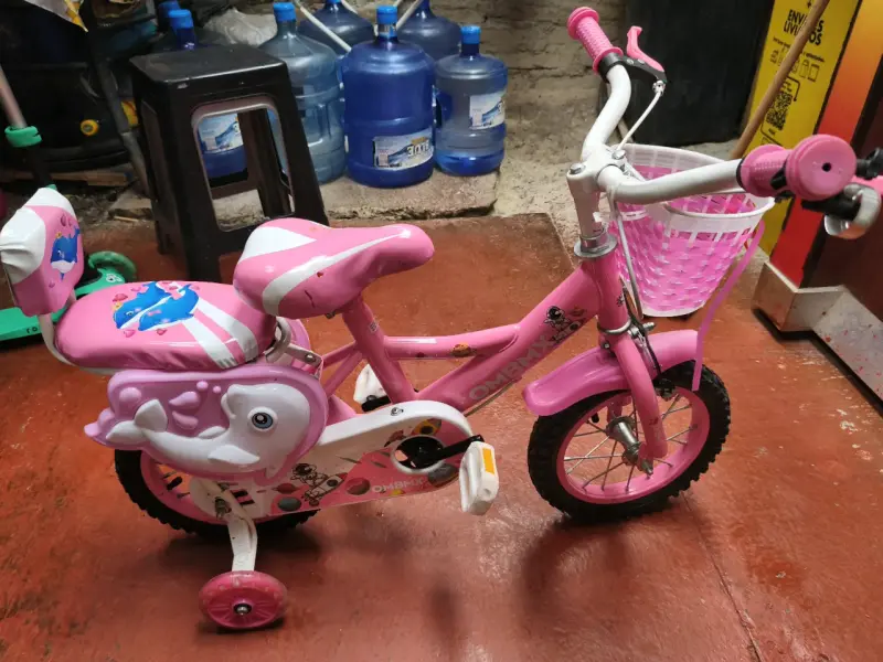 Bicicleta infantil rosa con rueditas y canasto - 1