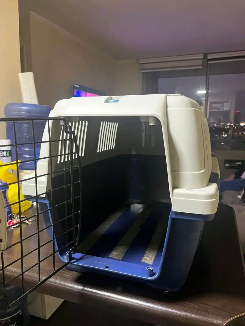 Transportadora de mascotas mediana azul y blanca - 4