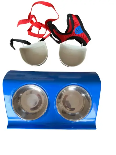 Comedero doble para mascotas+ arnés+2potes - miniatura 1