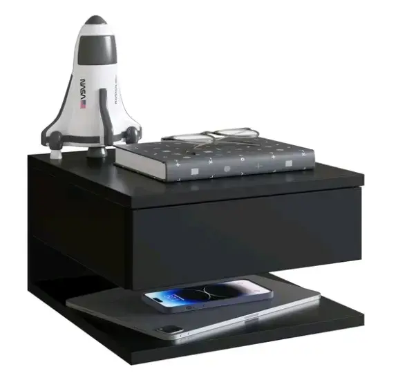 Mesa de noche flotante negra con cajón - 1