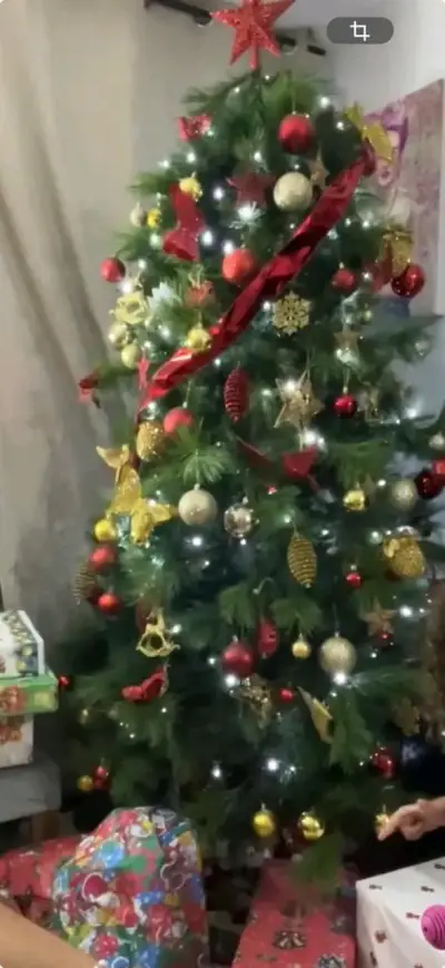 Árbol de Navidad decorado con adornos dorados y rojos - miniatura 3