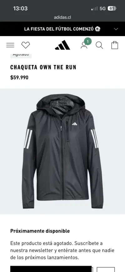 Chaqueta running negra con capucha Adidas - miniatura 4