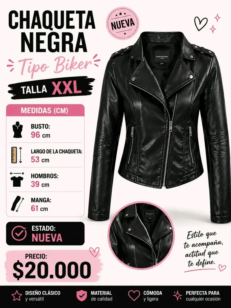 Chaqueta negra tipo biker nueva Horma chica - 1