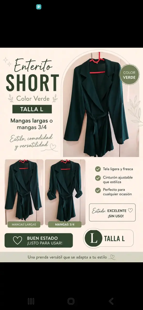 Enterito corto verde con mangas ajustables