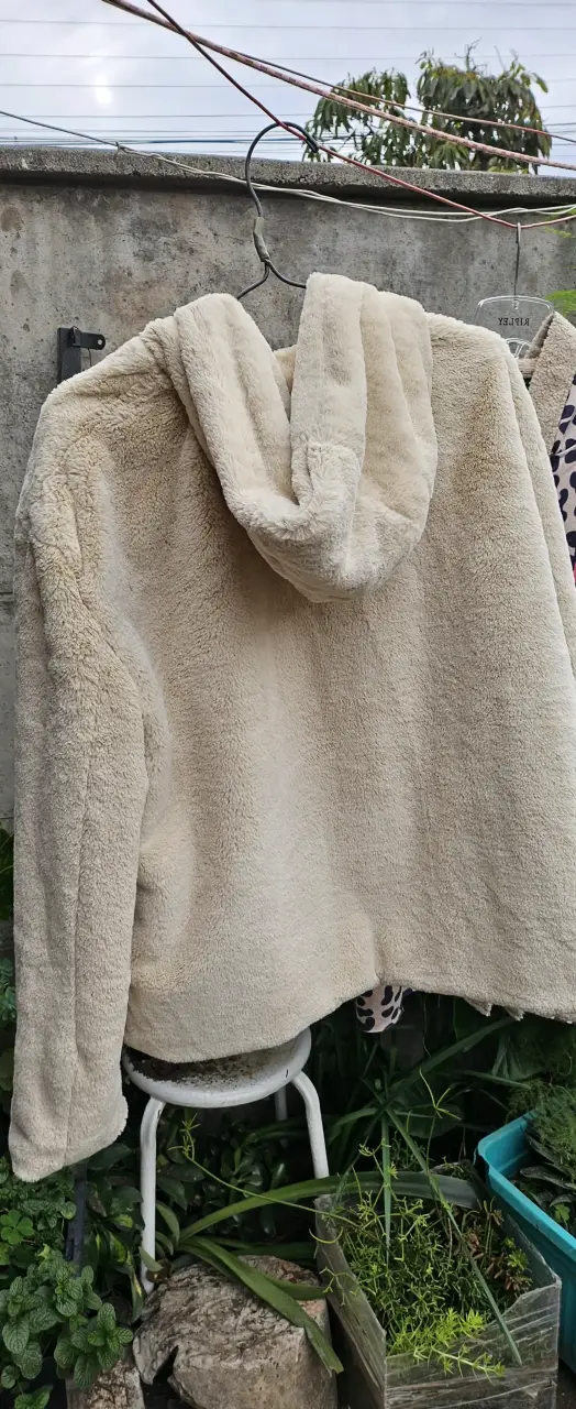 Chaqueta de felpa beige con capucha - 4