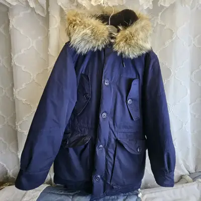 Parka azul con capucha de piel sintética - miniatura 6