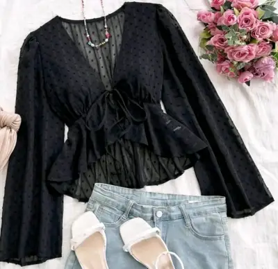 Blusa negra con mangas largas y lazo - miniatura 1
