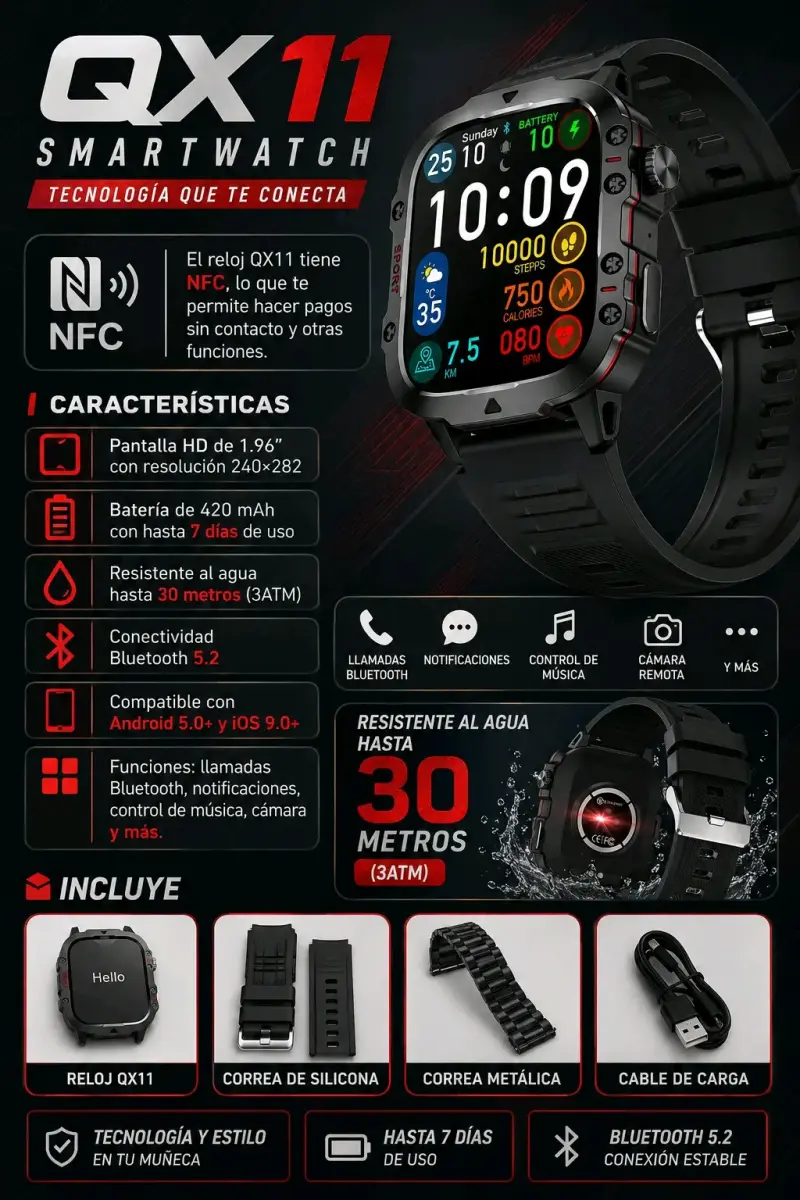 Smartwatch QX11 con NFC y resistencia al agua - 1