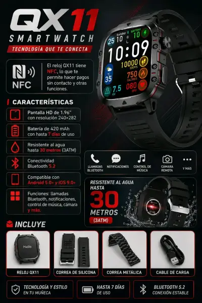Smartwatch QX11 con NFC y resistencia al agua - miniatura 1