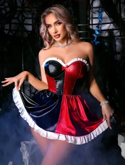 Disfraz de arlequín rojo y negro para mujer - miniatura 2