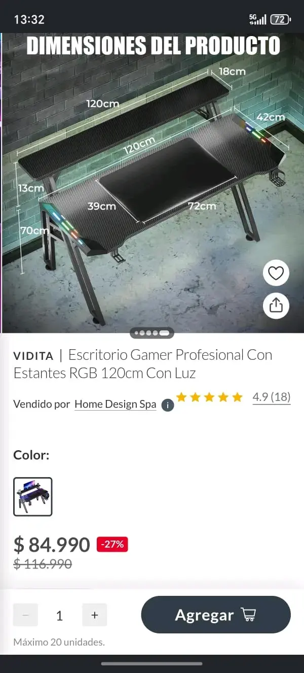 Escritorio Gamer Vidita RGB con Luz 120cm