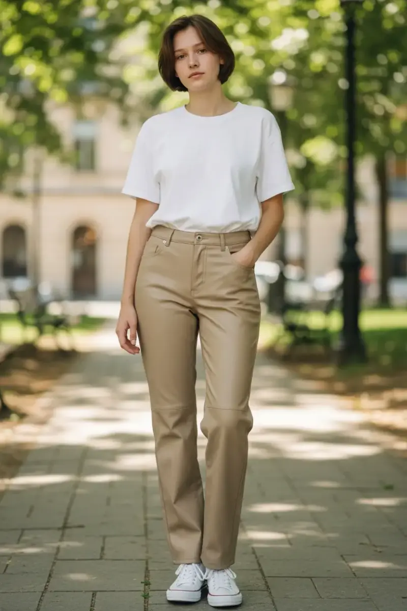 Pantalones de cuero beige para mujer - 3