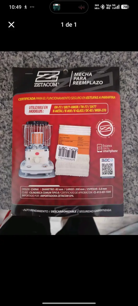 Mecha de repuesto Zetacom para estufas a parafina