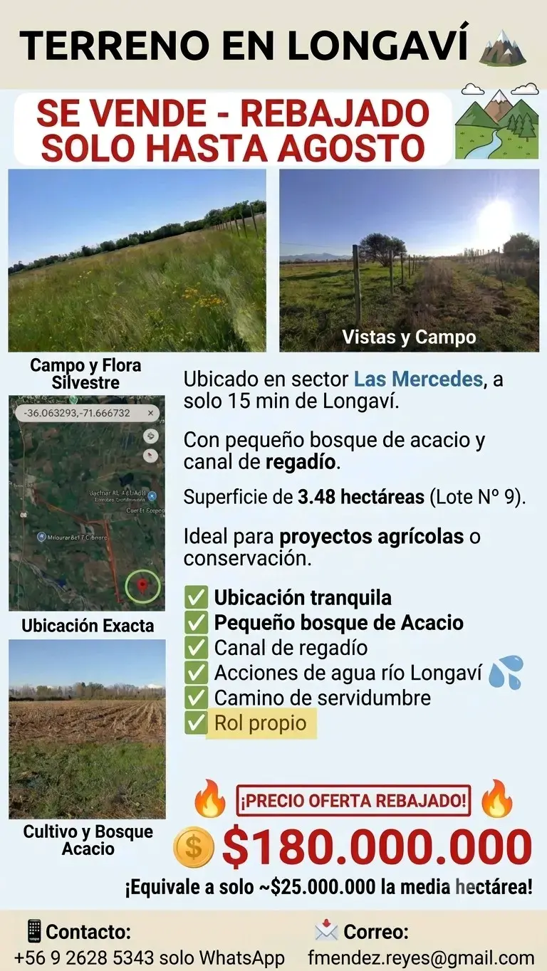 Terreno en Longaví con bosque y canal