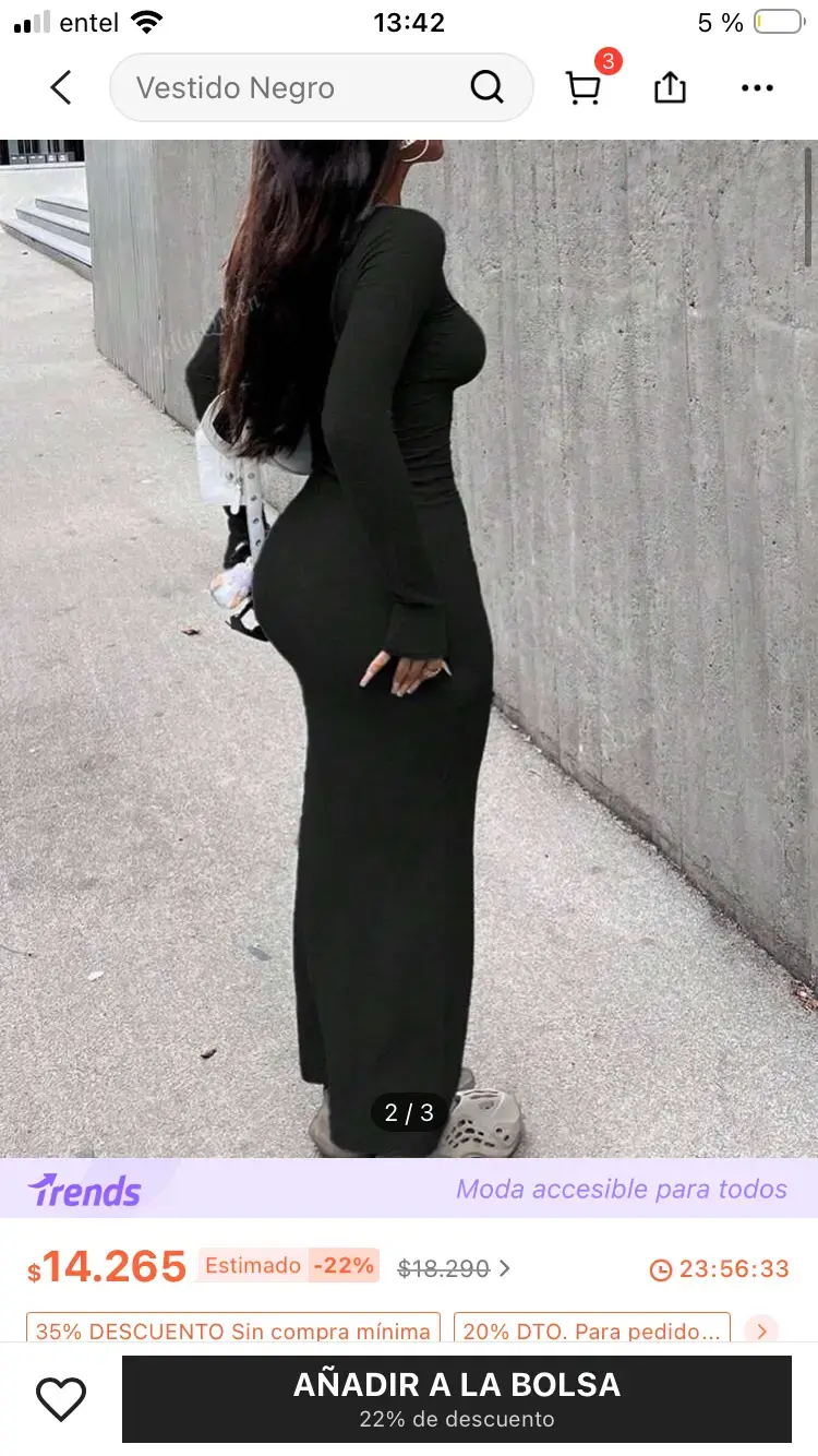 Vestido largo manga larga negro ajustado - 1