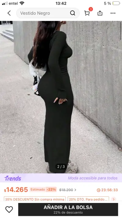 Vestido largo manga larga negro ajustado - miniatura 1