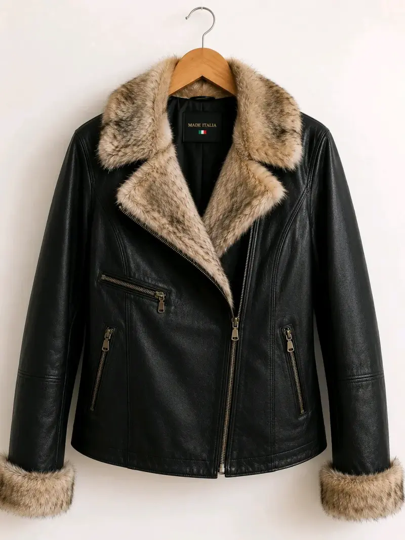 Chaqueta de cuero negra con cuello de piel natural
