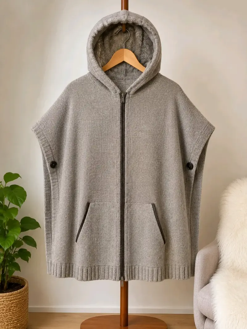 Capa de lana gris con capucha y cierre