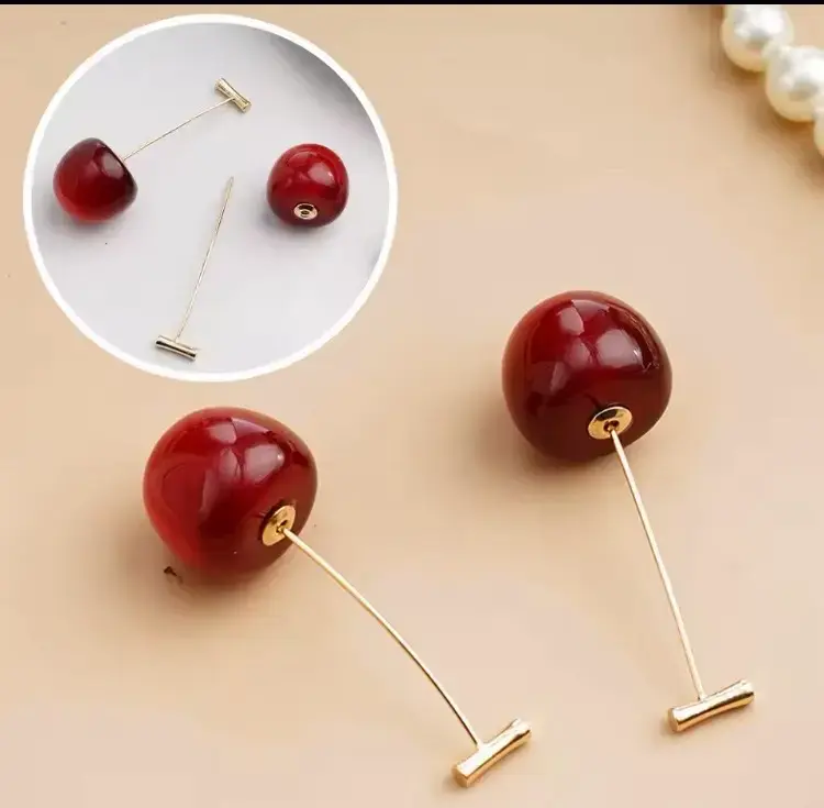 Aros colgantes de cereza roja baño en oro 18k - 5