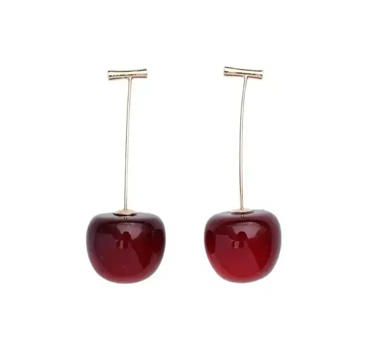 Aros colgantes de cereza roja baño en oro 18k - 6