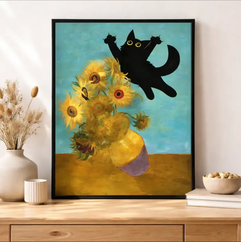 Moderno Cuadro Decorativo Gato Girasoles 42 X 62 - 1