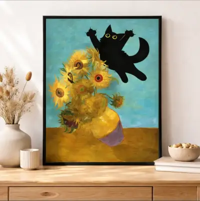 Moderno Cuadro Decorativo Gato Girasoles 42 X 62 - miniatura 1