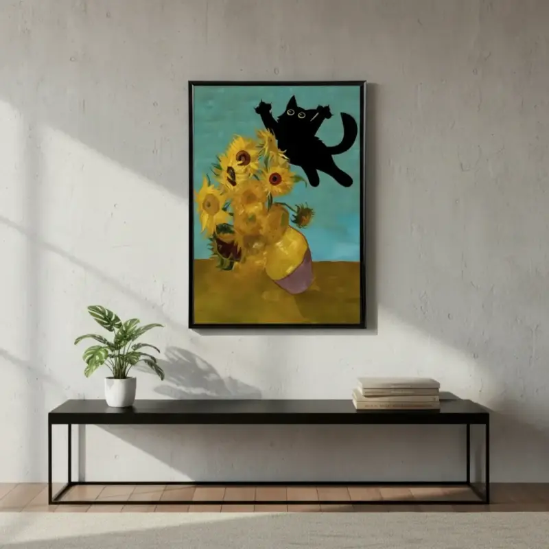Moderno Cuadro Decorativo Gato Girasoles 42 X 62 - 2