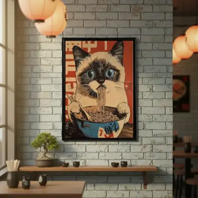 Bello Cuadro Decorativo Gato Siamés Comiendo Ramen - miniatura 3