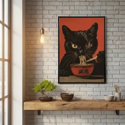 Cuadro Decorativo Gato Negro Comiendo Ramen 42X62 - miniatura 1