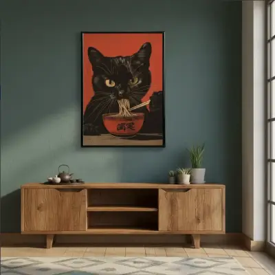 Cuadro Decorativo Gato Negro Comiendo Ramen 42X62 - miniatura 2