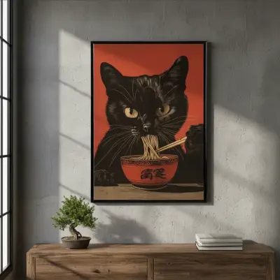 Cuadro Decorativo Gato Negro Comiendo Ramen 42X62 - miniatura 3
