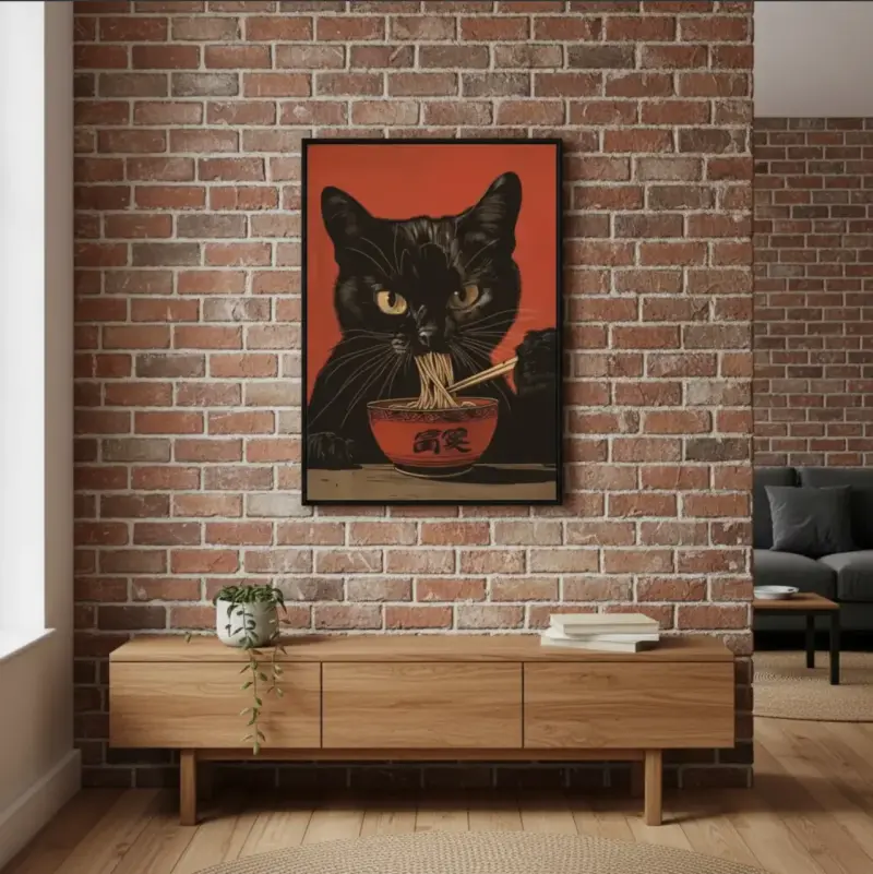 Cuadro Decorativo Gato Negro Comiendo Ramen 42X62 - 5