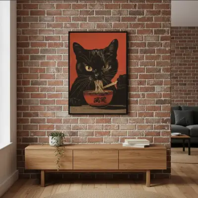 Cuadro Decorativo Gato Negro Comiendo Ramen 42X62 - miniatura 5